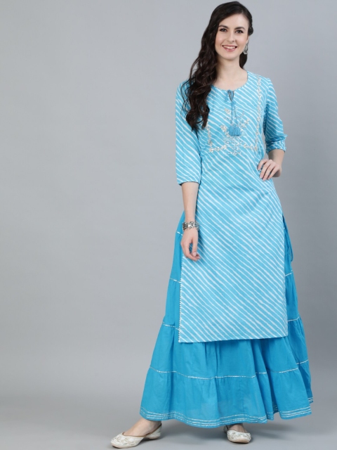 

Ishin DESIGNER STUDIO Women Blue Leheriya Printed Pure Cotton Kurti with Skirt