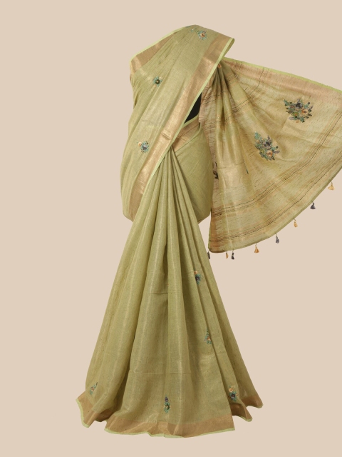 

Pothys Green & Gold-Toned Floral Embroidered Linen Blend Saree
