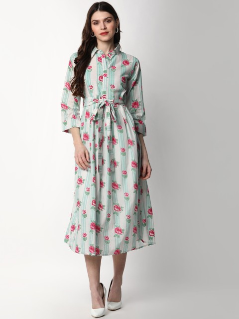 

mokshi Off White & Green Floral Midi Cotton Dress