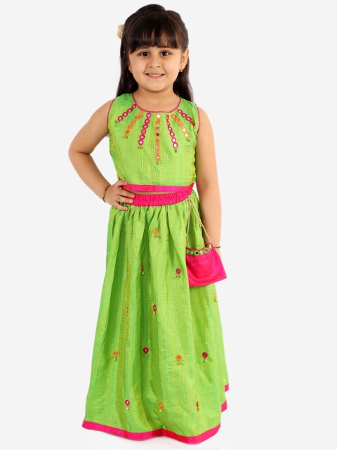 

KID1 Girls Green & Pink Embroidered Mirror Work Ready to Wear Lehenga Choli