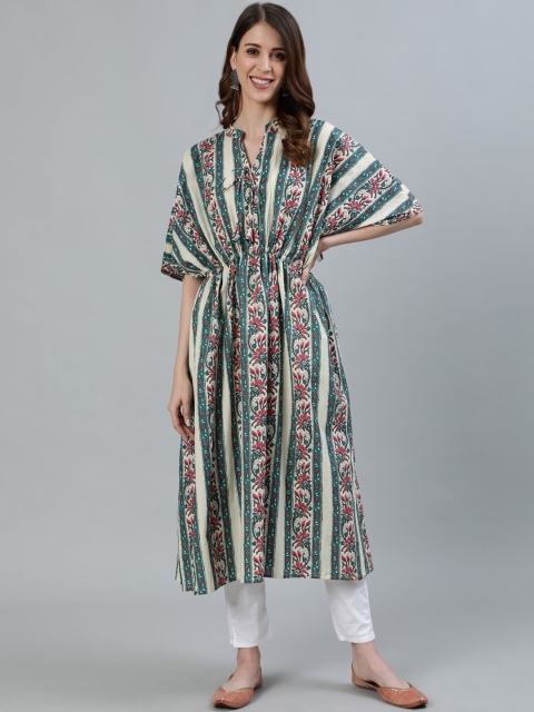 

Nayo Women Teal & Off White Ethnic Motifs Striped Flared Sleeves Kurta