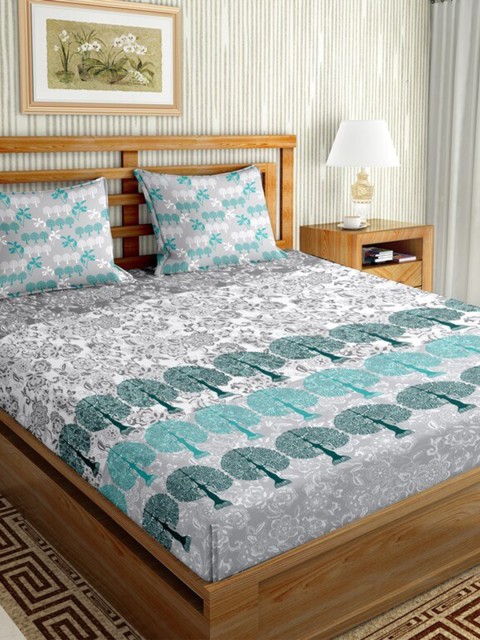 

BELLA CASA Grey & Blue Floral 144 TC Cotton King Bedsheet with 2 Pillow Covers