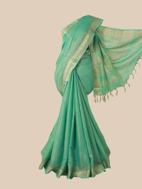 

Pothys Sea Green & Gold-Toned Embellished Linen Blend Saree