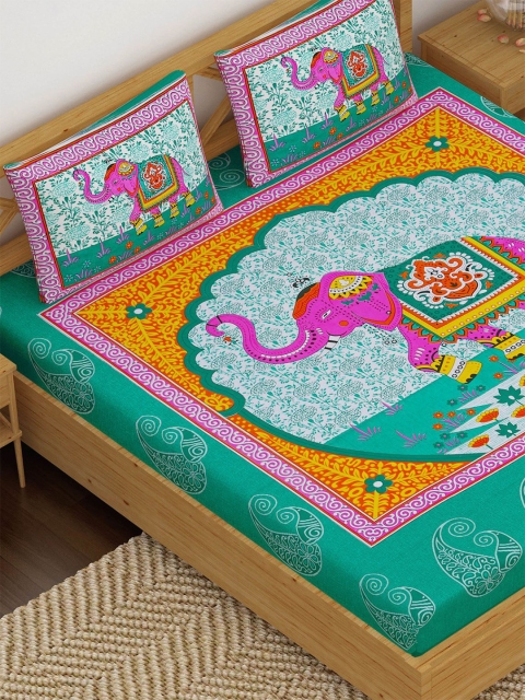 

METRO LIVING Sea Green & Pink Floral 120 TC Cotton Queen Bedsheet with 2 Pillow Covers