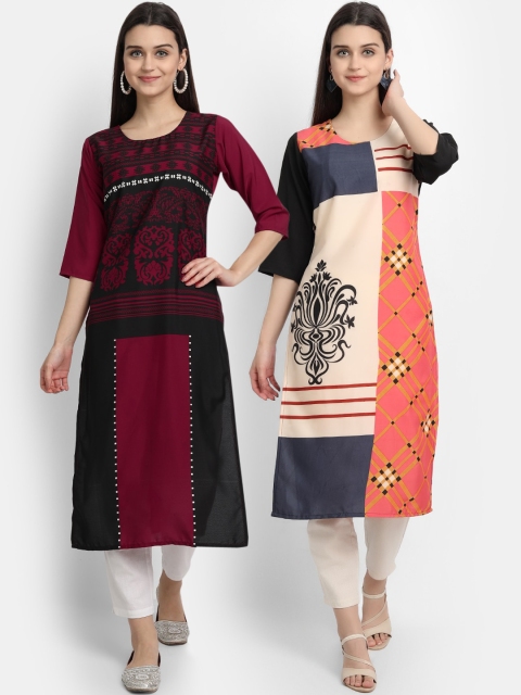 

Ethnic basket Women Pack of 2 Multicoloured Colourblocked Digital Printed Crepe Kurta, Multi