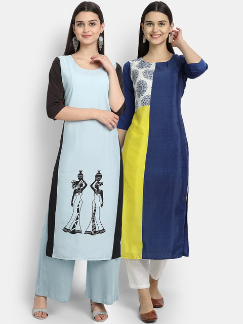 

Ethnic basket Women Pack Of 2 Blue & Yellow Floral Printed Crepe Kurtas