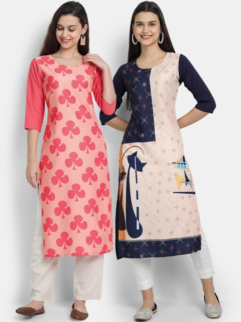 

Ethnic basket Women Set of 2 Multi Quirky Printed Crepe Kurtas