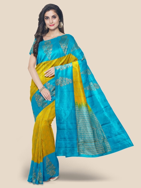 

Kalamandir Yellow & Blue Ethnic Motifs Zari Silk Blend Kanjeevaram Saree