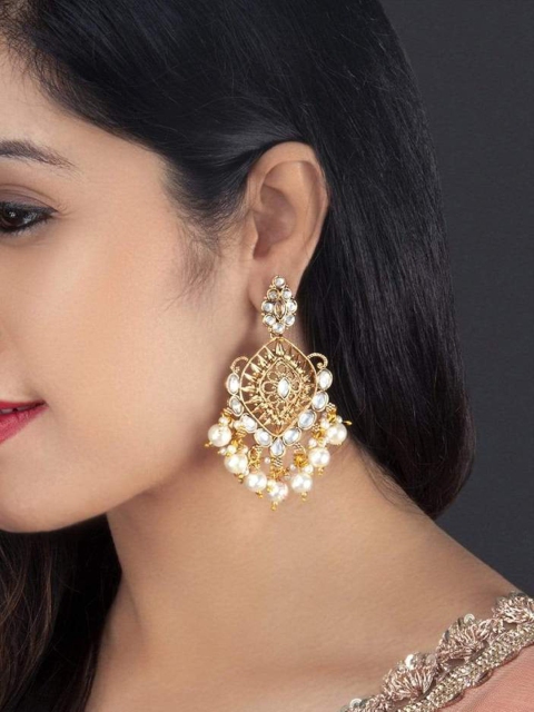 

Rubans Gold Toned & Pearl Hanging Handcraft Drop Earrings