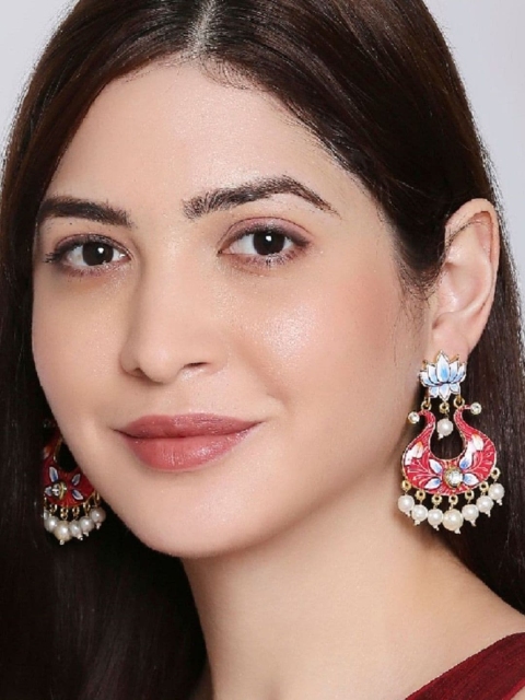 

OOMPH Pink & Blue Contemporary Hand Painted Meenakari Enamel Lotus Shape Drop Earrings