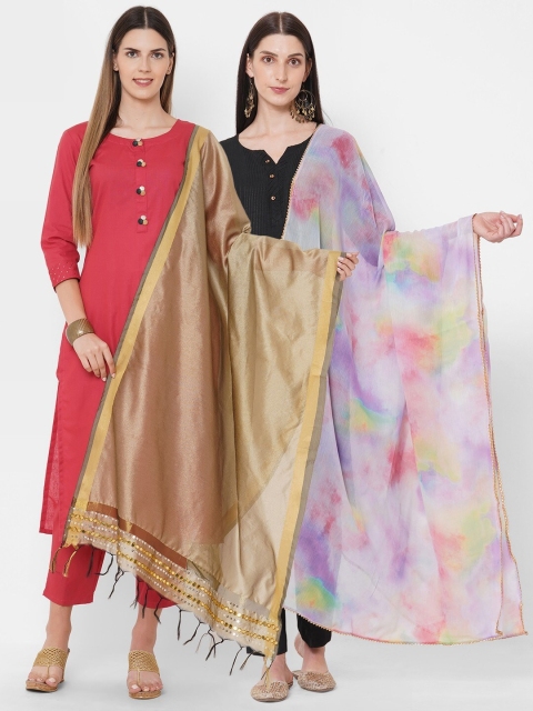 

Get Wrapped Women Pack of 2 Multi Printed Tie and Dye Dupatta with Mirror Work & tassels