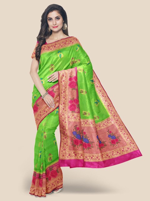 

Kalamandir Green & Pink Floral Silk Blend Banarasi Saree