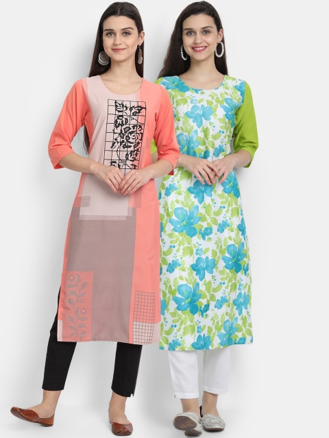 

Ethnic basket Women Pack Of 2 Orange & Green Floral Printed Crepe Kurtas