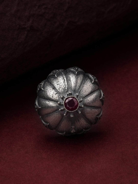 

Rubans Oxidized Silver-Plated & Red Faux Ruby Studded Handcrafted Finger Ring