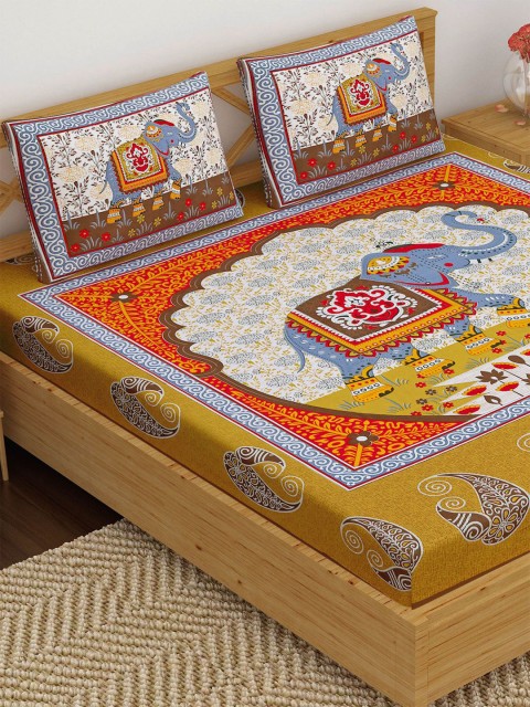 

METRO LIVING Orange & Blue Ethnic Motifs 120 TC Queen Bedsheet with 2 Pillow Covers