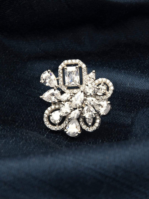 

Rubans Silver-Plated & White CZ-Studded Blooming Handcrafted Statement Finger Ring