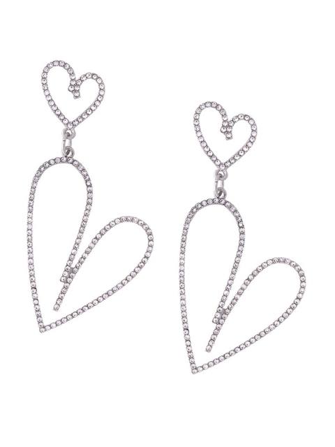 

Rubans Silver-Tone Heart Shaped cubic zirconia Stone Studded Handcrafted Drop Earrings