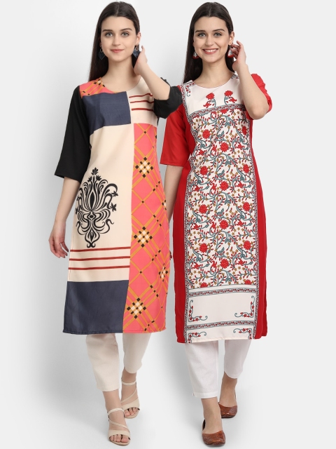 

Ethnic basket Women Multi Floral Printed Keyhole Neck Thread Work Crepe Kurta