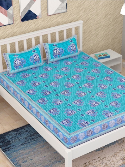 

METRO LIVING Blue Ethnic Motifs 120 TC Cotton Queen Bedsheet with 2 Pillow Covers