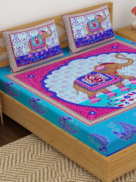 

METRO LIVING Blue & Magenta Ethnic Motifs 120 TC Queen Bedsheet with 2 Pillow Covers