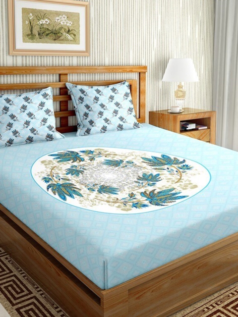 

BELLA CASA Turquoise Blue & White Floral 144 TC King Bedsheet with 2 Pillow Covers