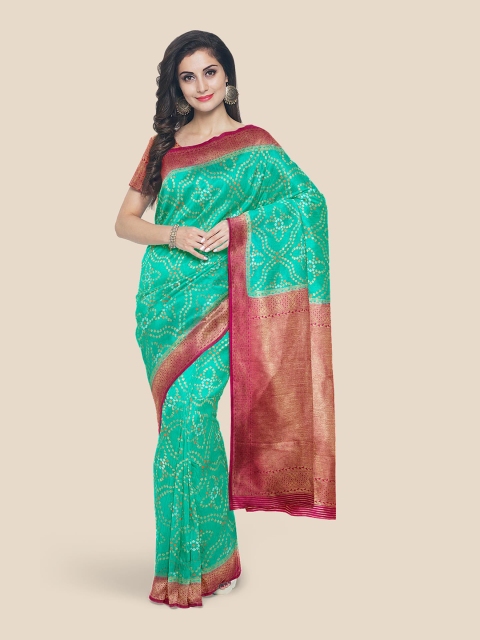 

Kalamandir Sea Green & Red Bandhani Silk Blend Banarasi Saree