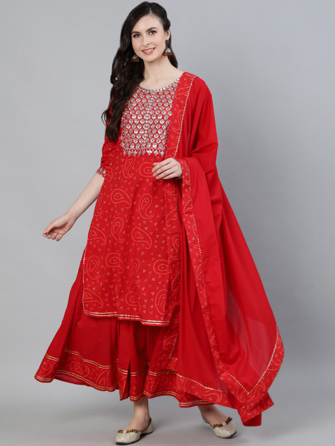 

Ishin DESIGNER STUDIO Women Red Ethnic Motifs Layered Pure Cotton Kurta with Sharara & With Dupatta