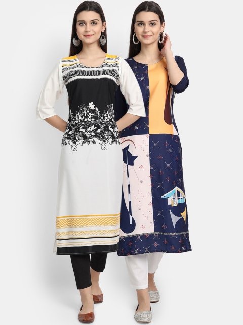 

Ethnic basket Women Pack Of 2 Digitally Printed Crepe Straight Kurta, White