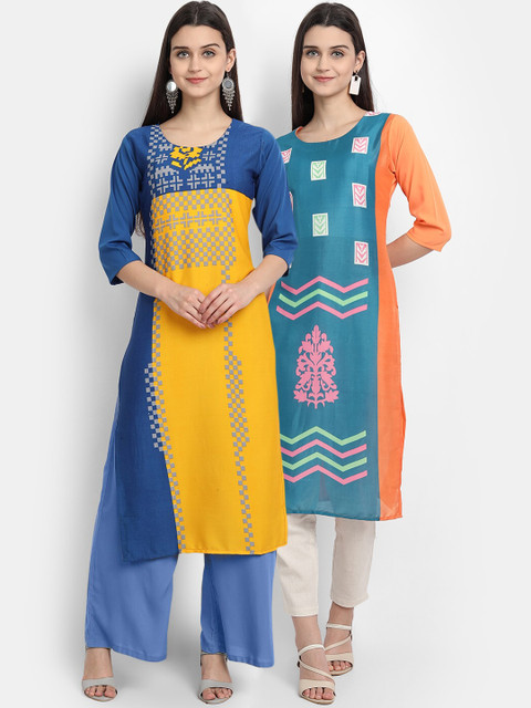 

Ethnic basket Women Set of 2 Multi Quirky Printed Crepe Kurtas