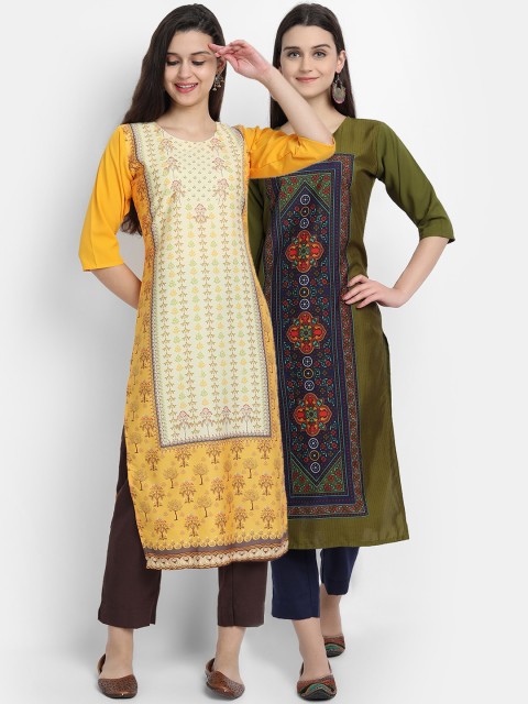 

Ethnic basket Women Pack Of 2 Yellow & Olive Green Ethnic Motifs Printed Crepe Kurtas