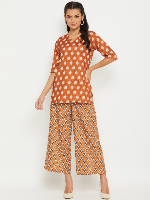 

PANIT Women Brown & Off-White Ethnic Motifs Printed Kurti with Palazzos