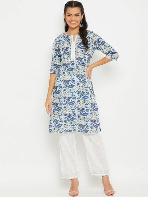 

PANIT Women Blue Floral Printed A-Line Kurta With Trousers