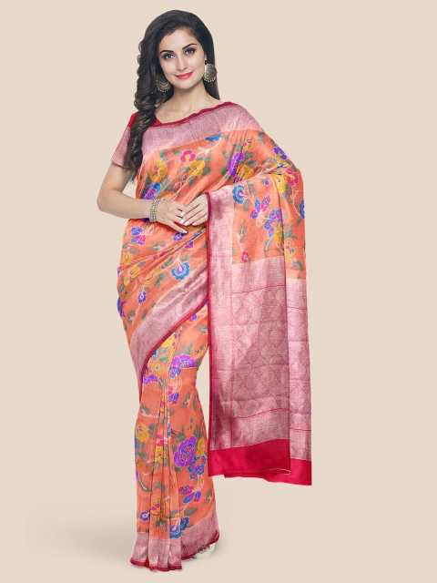 

Kalamandir Red & Blue Floral Zari Silk Blend Banarasi Saree