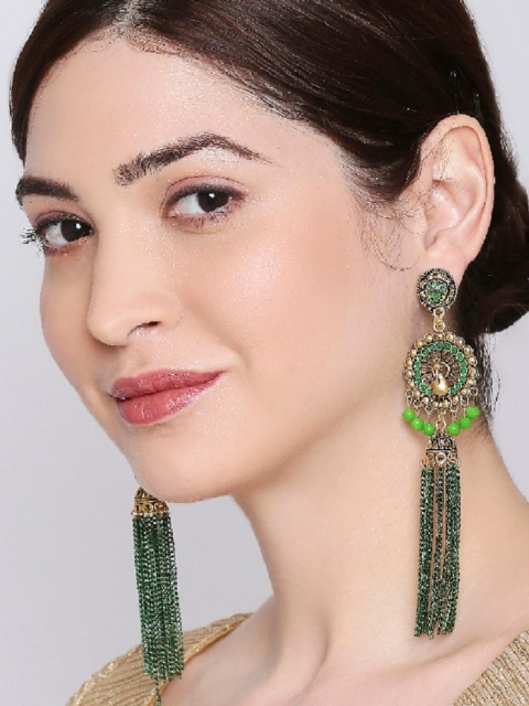 

OOMPH Antique Gold Tone & Green Beads & Tassel Long Ethnic Drop Earrings
