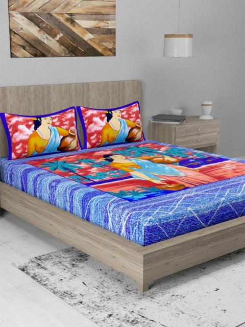 

METRO LIVING Blue & Red Graphic 120 TC Queen Bedsheet with 2 Pillow Covers