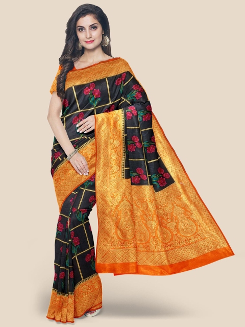 

Kalamandir Black & Orange Floral Zari Silk Blend Banarasi Saree
