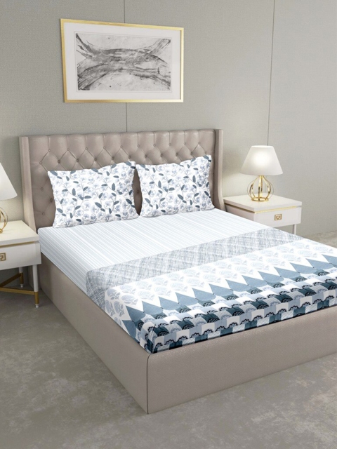 

BELLA CASA White & Blue Geometric 180 TC King Bedsheet with 2 Pillow Covers