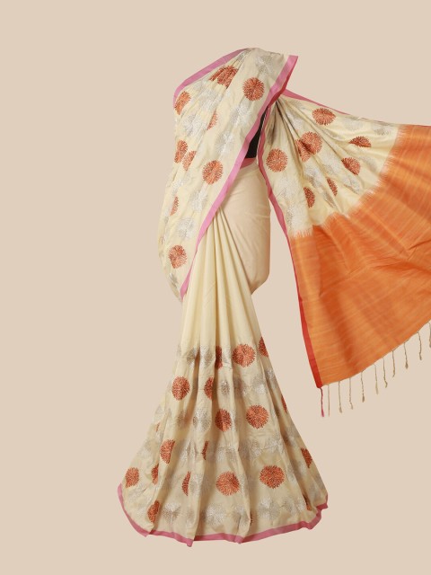 

Pothys Cream & Brown Floral Jute Silk Heavy Work Saree