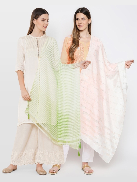 

Get Wrapped Pack of 2 Multi Color Striped & Dyeable Dupattas, Green