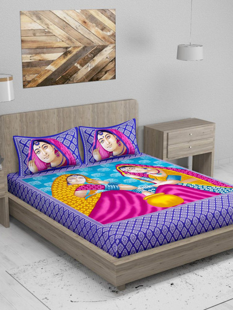 

METRO LIVING Blue & Pink Graphic 120 TC Cotton Queen Bedsheet with 2 Pillow Covers