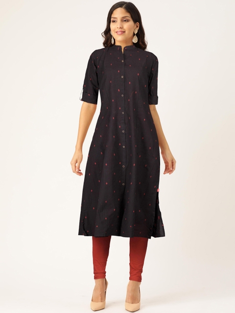

FLAVIDO Women Black Geometric Printed Mirror Work Dobby Kurta