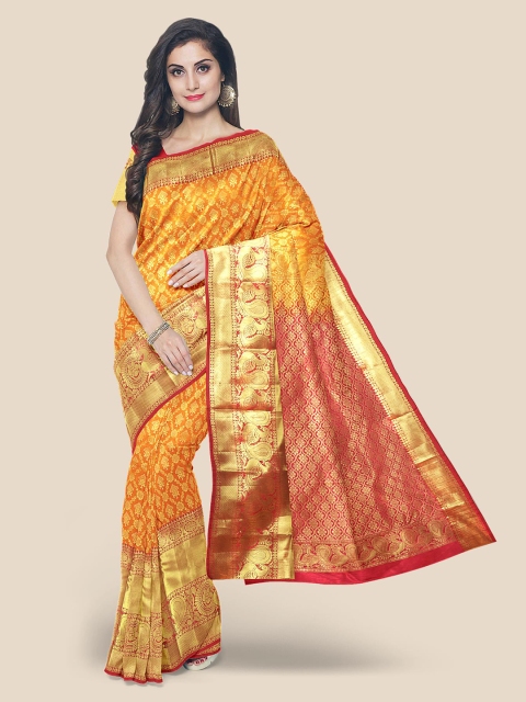 

Kalamandir Mustard Yellow & Red Ethnic Motifs Zari Silk Blend Kanjeevaram Saree