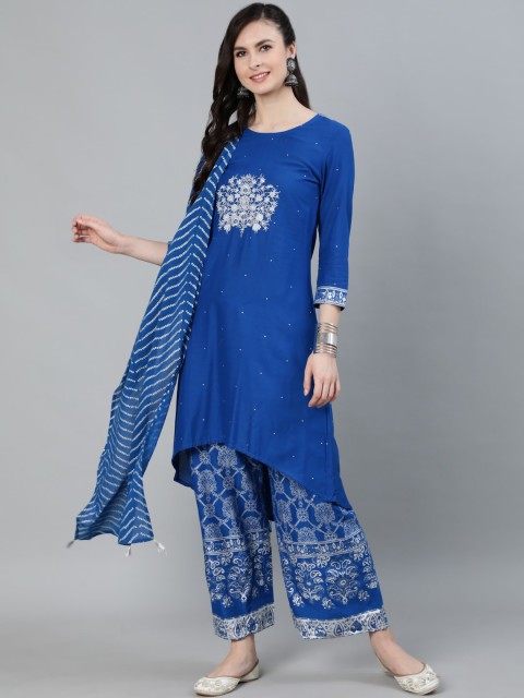 

Ishin DESIGNER STUDIO Women Blue Embroidered A Line Kurta with Palazzos & Dupatta