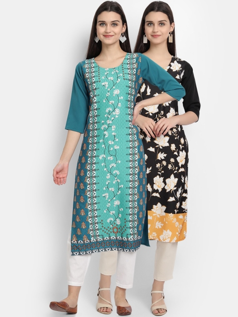 

Ethnic basket Women Pack Of 2 Floral Digital Printed Crepe Kurta, Blue