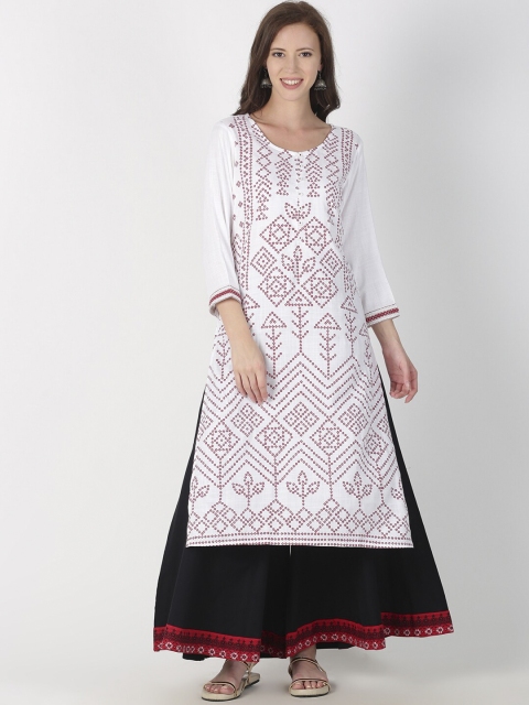 Saffron Threads Women White Geometric Printed Thread Work Kurta