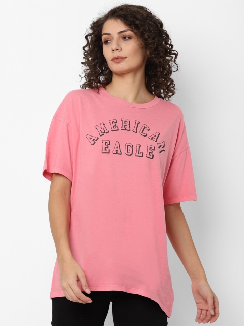 

AMERICAN EAGLE OUTFITTERS Women Pink Typography Printed Raw Edge T-shirt