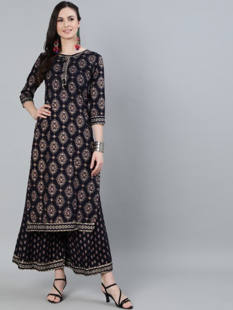 

Ishin DESIGNER STUDIO Women Navy Blue Floral Printed Pure Cotton Kurta With Sharara
