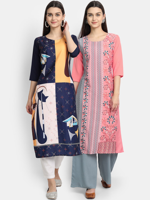 

Ethnic basket Women Crepe Multi Color Digital Print Straight Kurta Pack Of 2