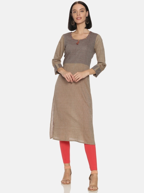 

Saffron Threads Women Beige Checked Dobby Kurta
