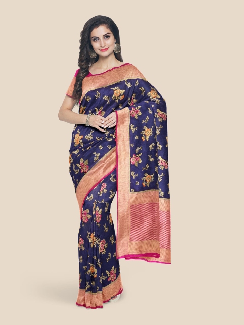 

Kalamandir Navy Blue & Pink Floral Silk Blend Banarasi Saree